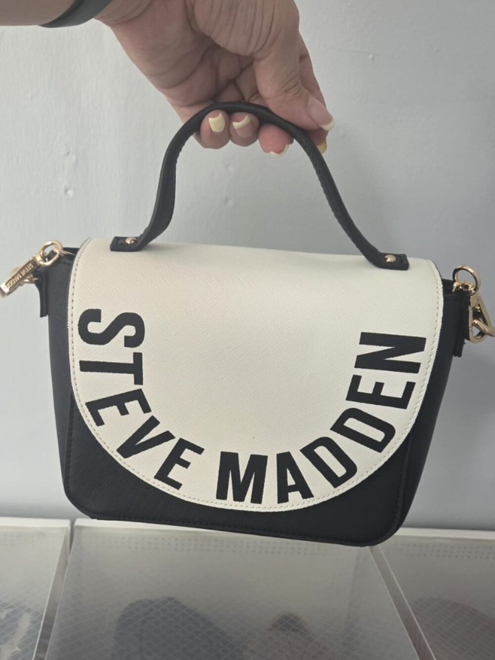 Steve Madden Women's Crossbody Bag Small Purse Black White Gold Leather Strap